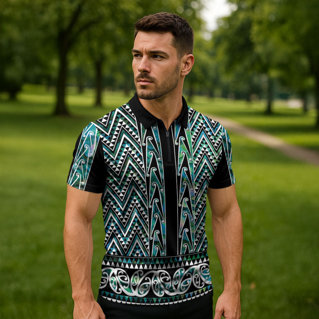 New Zealand Maori Niho Taniwha Zipper Polo Shirt Papua Shell - Mangopare Puhoro Pattern