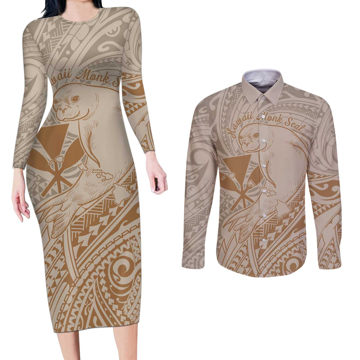 Hawaii Monk Seal and Map Couples Matching Long Sleeve Bodycon Dress and Long Sleeve Button Shirt Polynesian Kanaka Maoli Beige Vibe