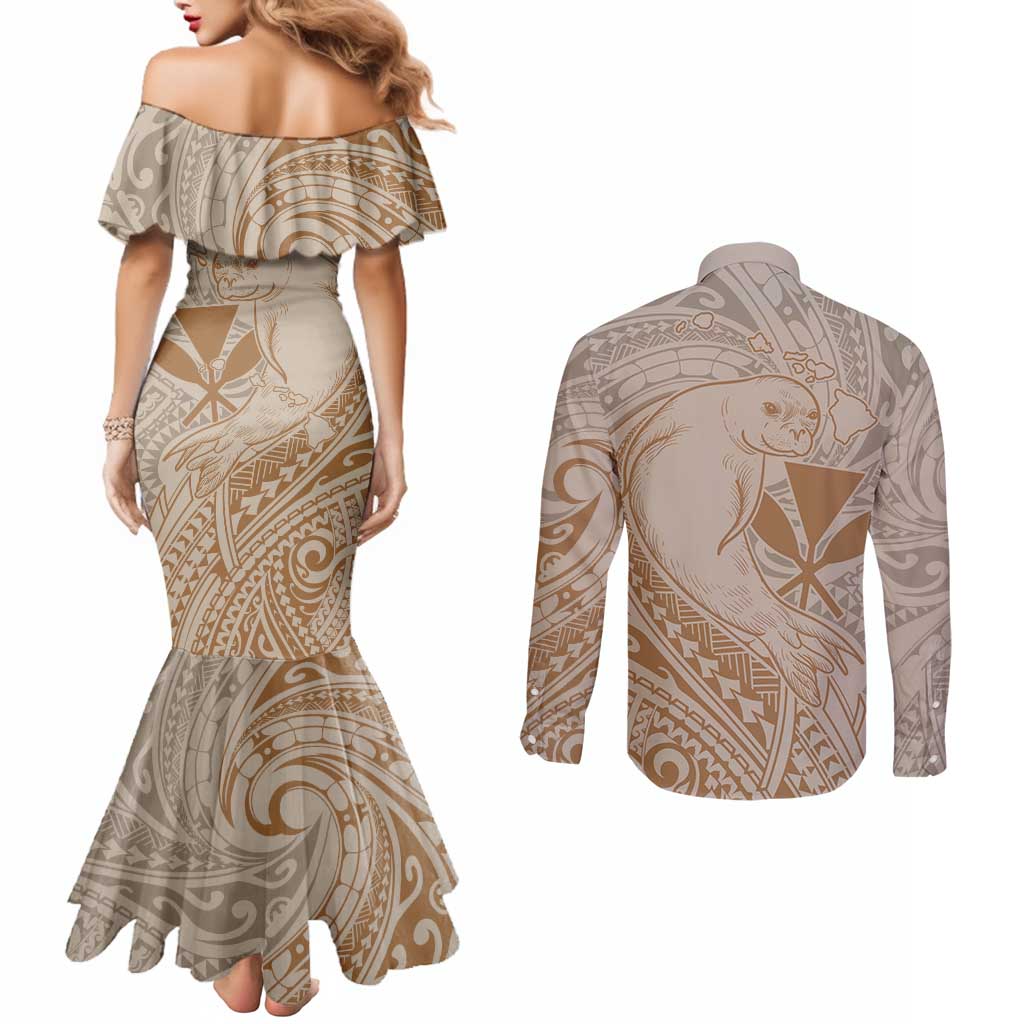 Hawaii Monk Seal and Map Couples Matching Mermaid Dress and Long Sleeve Button Shirt Polynesian Kanaka Maoli Beige Vibe