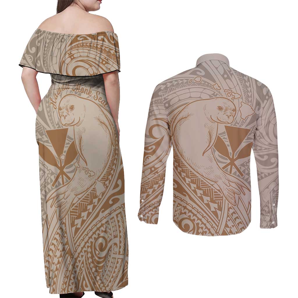 Hawaii Monk Seal and Map Couples Matching Off Shoulder Maxi Dress and Long Sleeve Button Shirt Polynesian Kanaka Maoli Beige Vibe