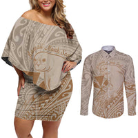 Hawaii Monk Seal and Map Couples Matching Off Shoulder Short Dress and Long Sleeve Button Shirt Polynesian Kanaka Maoli Beige Vibe