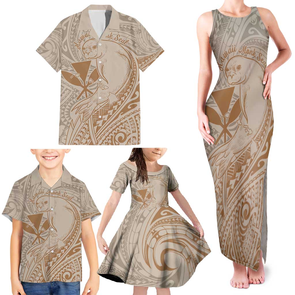 Hawaii Monk Seal and Map Family Matching Tank Maxi Dress and Hawaiian Shirt Polynesian Kanaka Maoli Beige Vibe