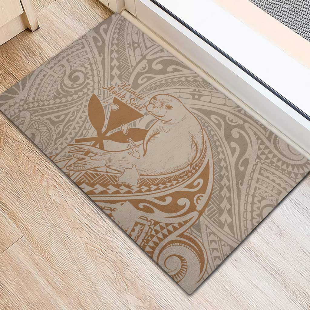 Hawaii Monk Seal and Map Rubber Doormat Polynesian Kanaka Maoli Beige Vibe
