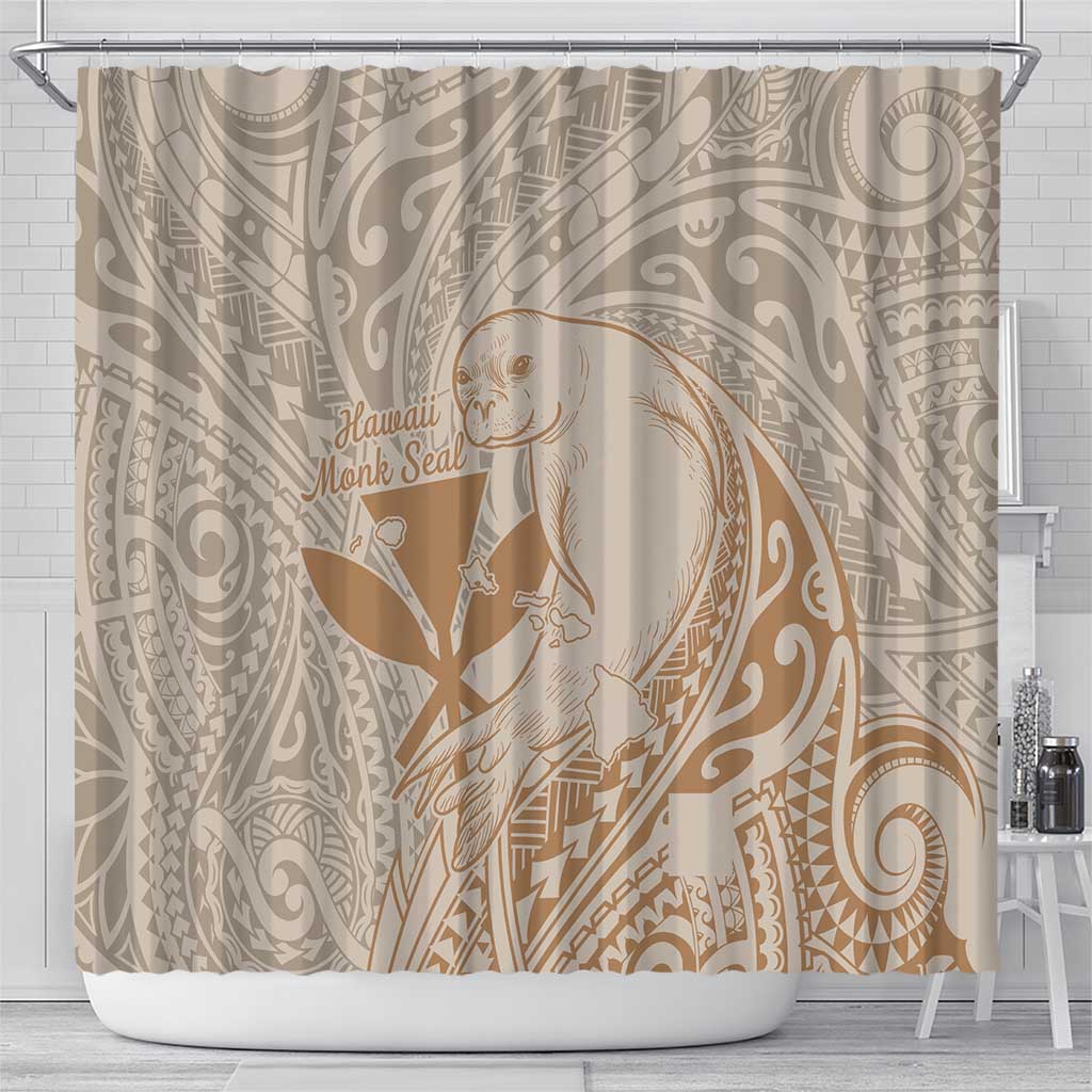 Hawaii Monk Seal and Map Shower Curtain Polynesian Kanaka Maoli Beige Vibe