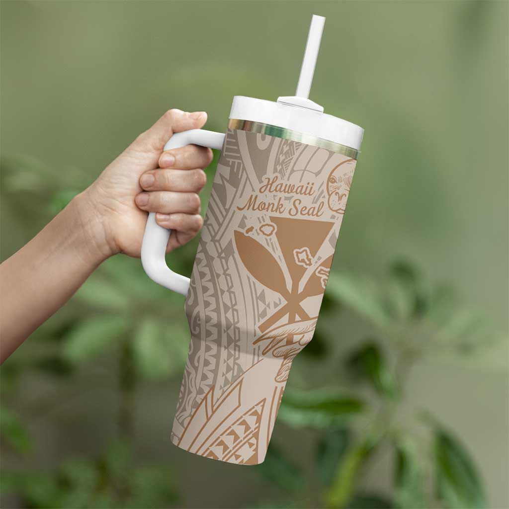 Hawaii Monk Seal and Map Tumbler With Handle Polynesian Kanaka Maoli Beige Vibe