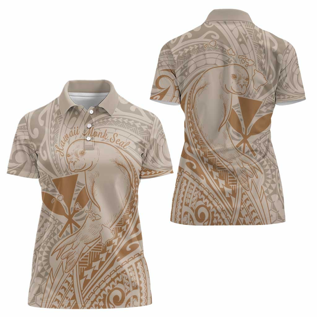 Hawaii Monk Seal and Map Women Polo Shirt Polynesian Kanaka Maoli Beige Vibe