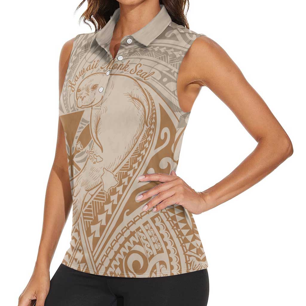 Hawaii Monk Seal and Map Women Sleeveless Polo Shirt Polynesian Kanaka Maoli Beige Vibe