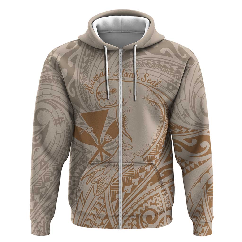 Hawaii Monk Seal and Map Zip Hoodie Polynesian Kanaka Maoli Beige Vibe