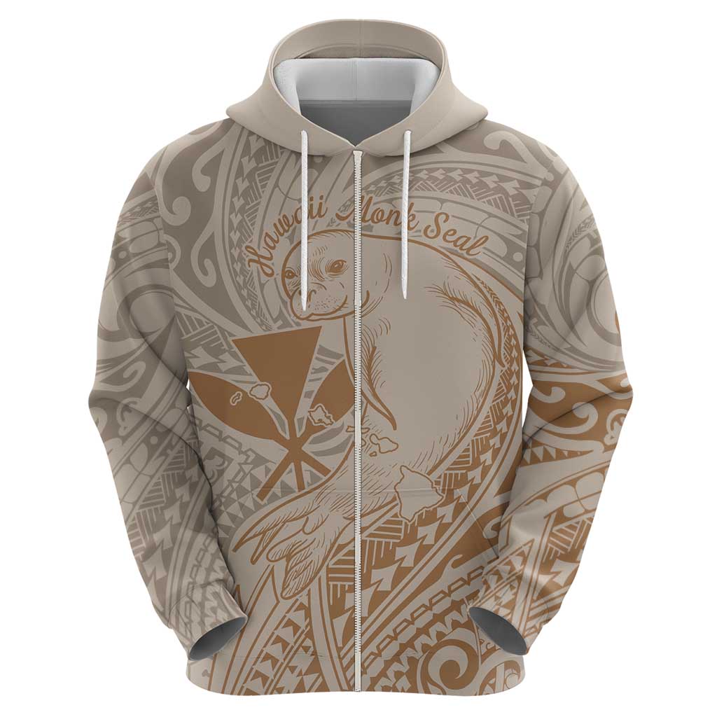 Hawaii Monk Seal and Map Zip Hoodie Polynesian Kanaka Maoli Beige Vibe