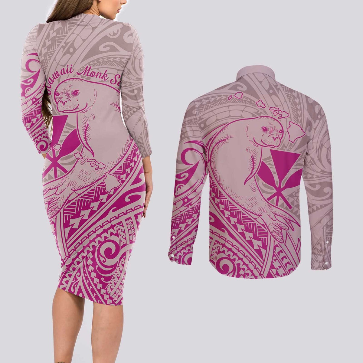 Hawaii Monk Seal and Map Couples Matching Long Sleeve Bodycon Dress and Long Sleeve Button Shirt Polynesian Kanaka Maoli Pink Vibe