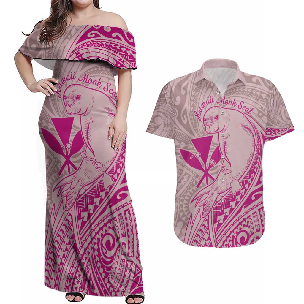 Hawaii Monk Seal and Map Couples Matching Off Shoulder Maxi Dress and Hawaiian Shirt Polynesian Kanaka Maoli Pink Vibe