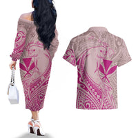 Hawaii Monk Seal and Map Couples Matching Off The Shoulder Long Sleeve Dress and Hawaiian Shirt Polynesian Kanaka Maoli Pink Vibe