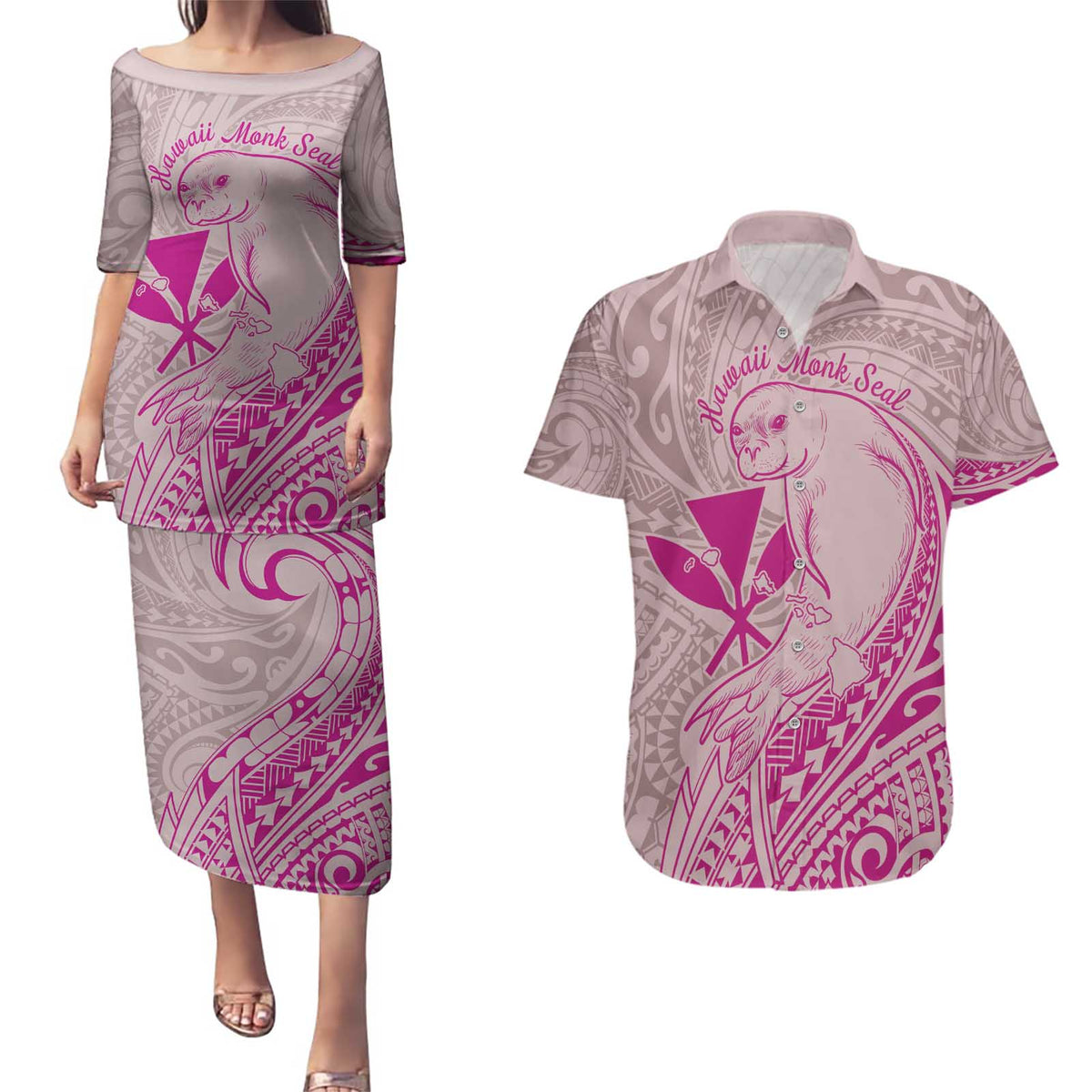 Hawaii Monk Seal and Map Couples Matching Puletasi and Hawaiian Shirt Polynesian Kanaka Maoli Pink Vibe