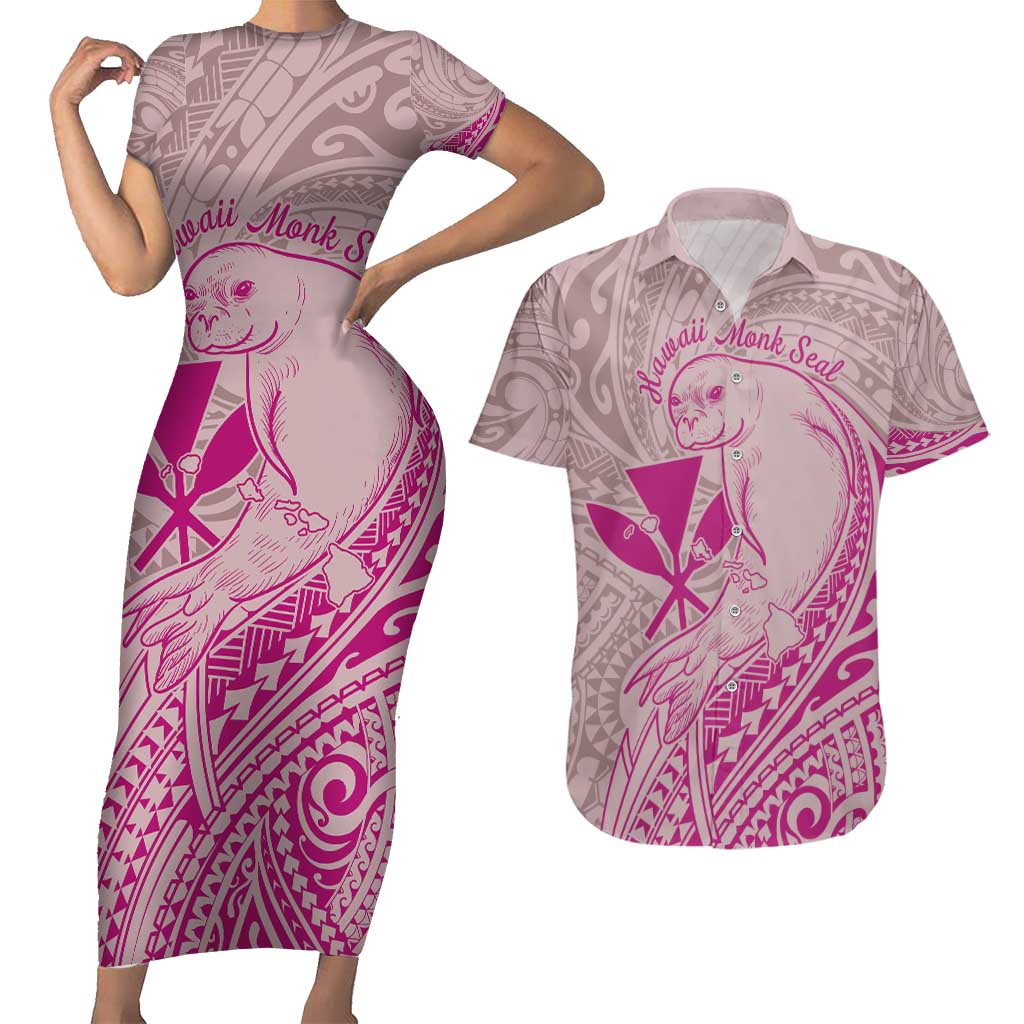 Hawaii Monk Seal and Map Couples Matching Short Sleeve Bodycon Dress and Hawaiian Shirt Polynesian Kanaka Maoli Pink Vibe