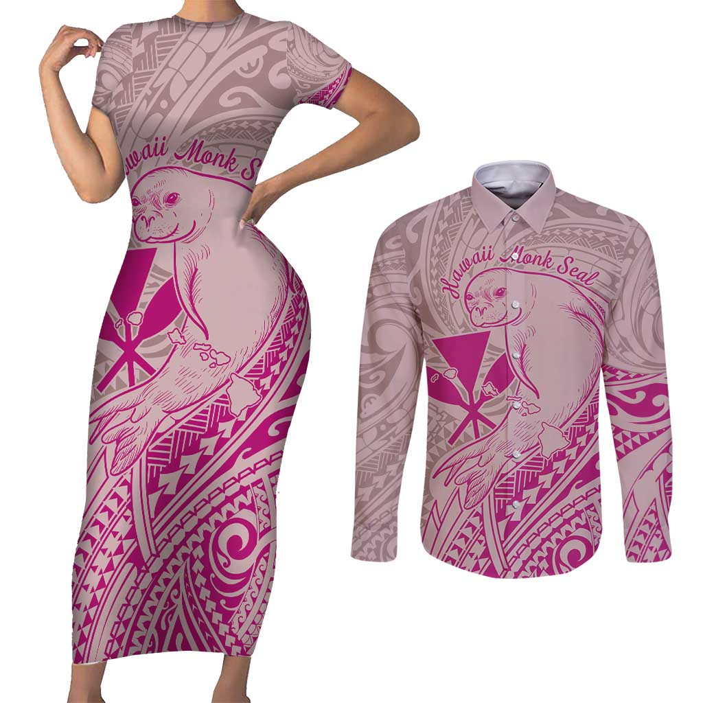 Hawaii Monk Seal and Map Couples Matching Short Sleeve Bodycon Dress and Long Sleeve Button Shirt Polynesian Kanaka Maoli Pink Vibe