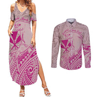 Hawaii Monk Seal and Map Couples Matching Summer Maxi Dress and Long Sleeve Button Shirt Polynesian Kanaka Maoli Pink Vibe