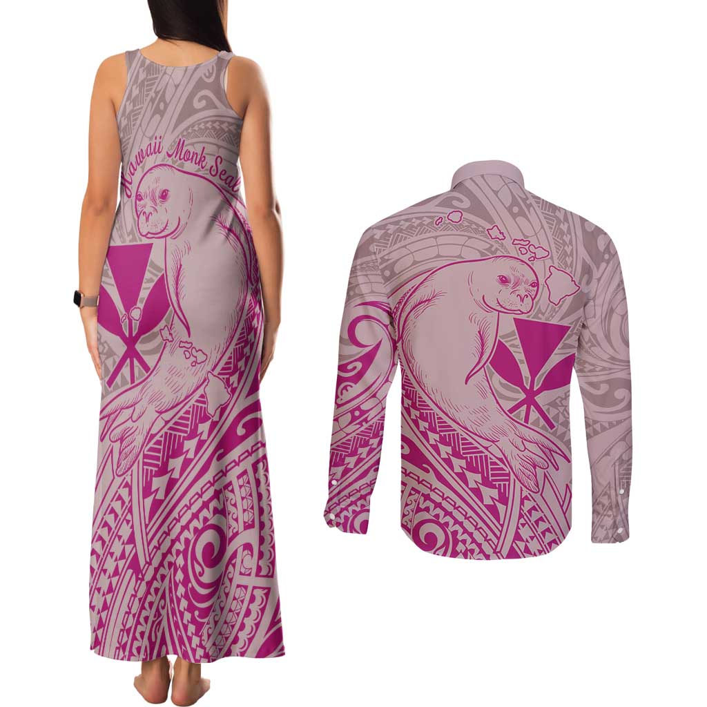 Hawaii Monk Seal and Map Couples Matching Tank Maxi Dress and Long Sleeve Button Shirt Polynesian Kanaka Maoli Pink Vibe