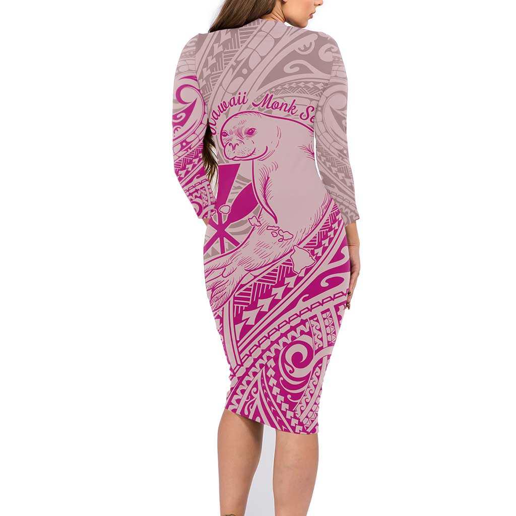 Hawaii Monk Seal and Map Family Matching Long Sleeve Bodycon Dress and Hawaiian Shirt Polynesian Kanaka Maoli Pink Vibe