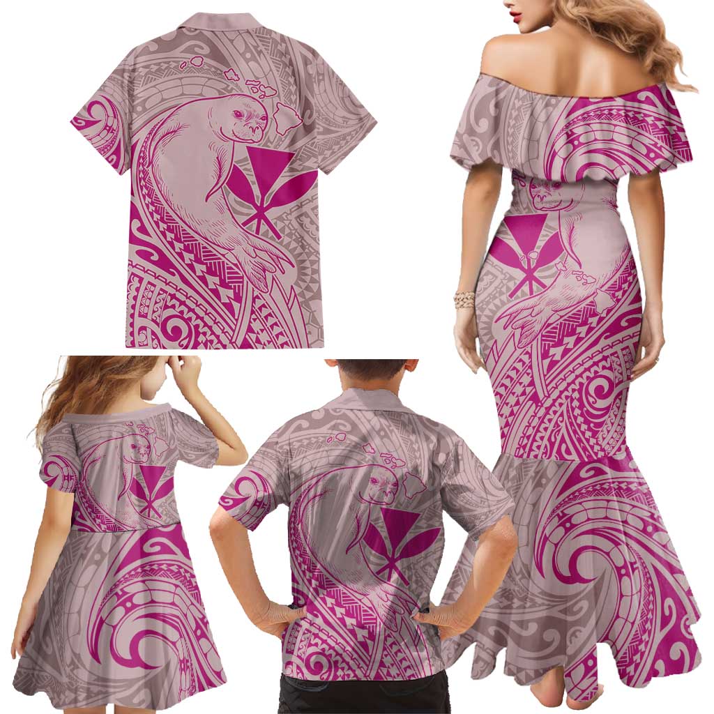 Hawaii Monk Seal and Map Family Matching Mermaid Dress and Hawaiian Shirt Polynesian Kanaka Maoli Pink Vibe