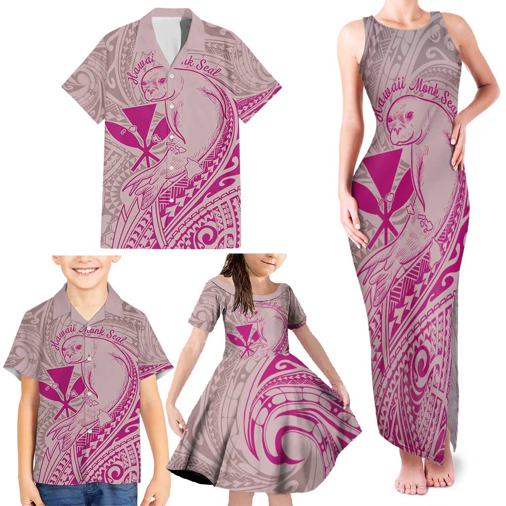 Hawaii Monk Seal and Map Family Matching Tank Maxi Dress and Hawaiian Shirt Polynesian Kanaka Maoli Pink Vibe