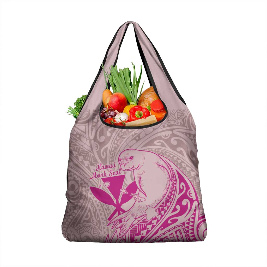 Hawaii Monk Seal and Map Grocery Bag Polynesian Kanaka Maoli Pink Vibe