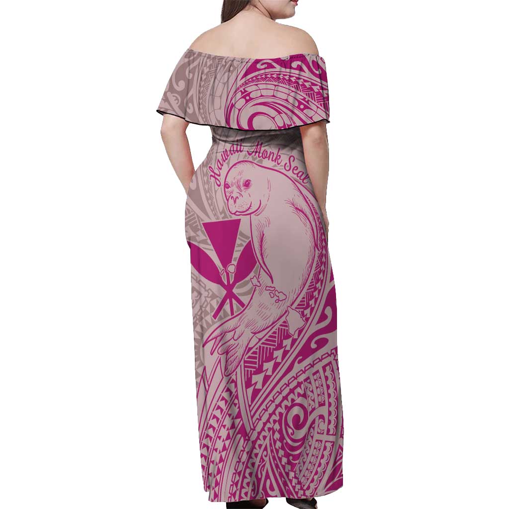 Hawaii Monk Seal and Map Off Shoulder Maxi Dress Polynesian Kanaka Maoli Pink Vibe LT9 - Polynesian Pride