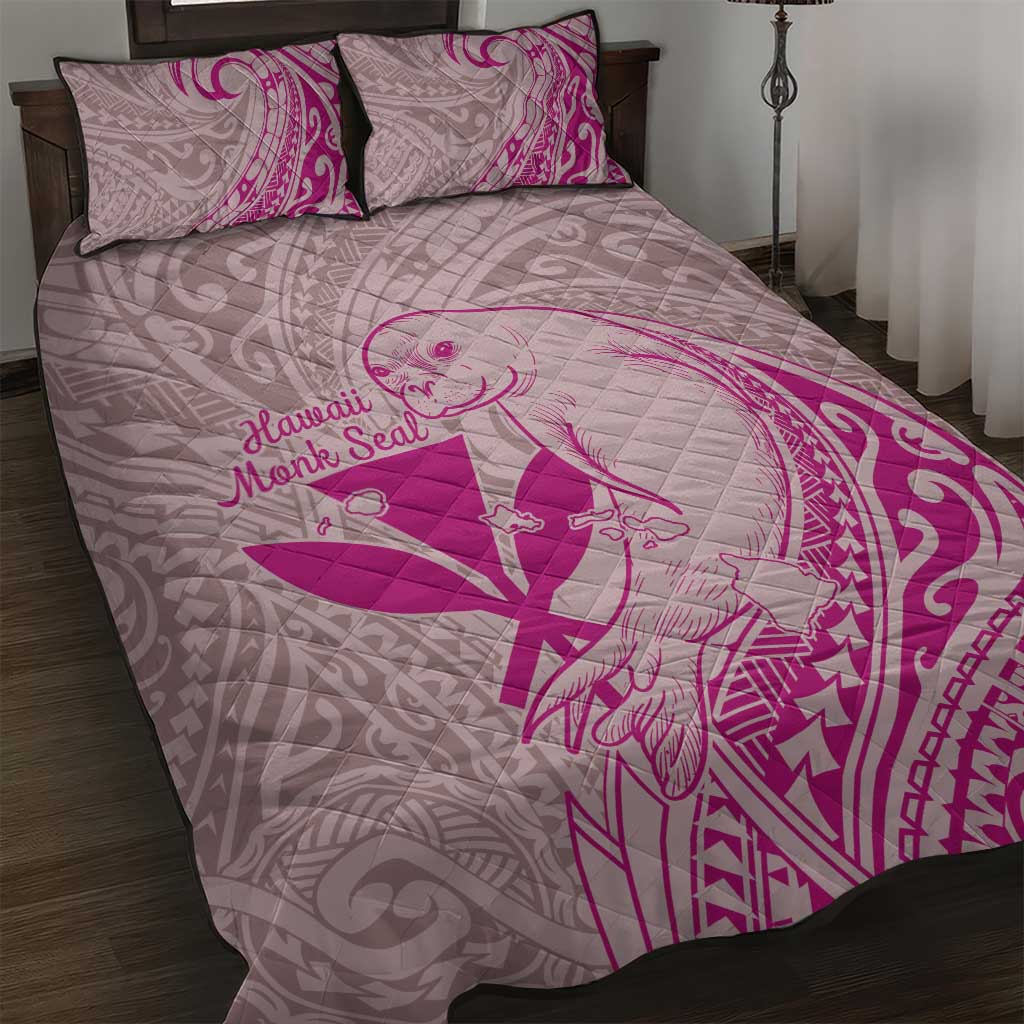 Hawaii Monk Seal and Map Quilt Bed Set Polynesian Kanaka Maoli Pink Vibe