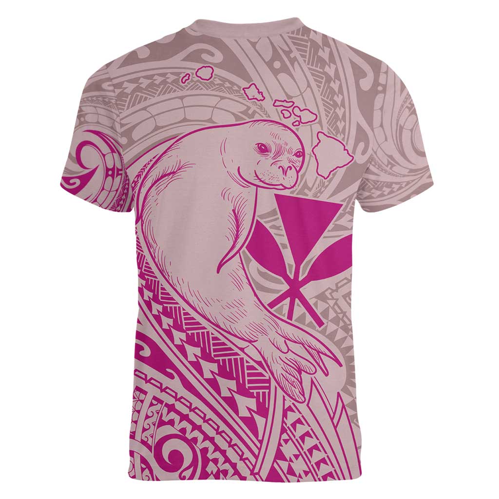 Hawaii Monk Seal and Map Women V-Neck T-Shirt Polynesian Kanaka Maoli Pink Vibe