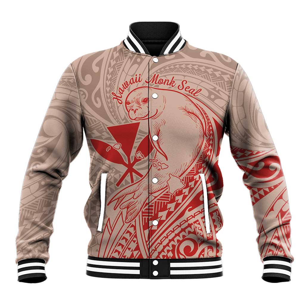 Hawaii Monk Seal and Map Baseball Jacket Polynesian Kanaka Maoli Red Vibe