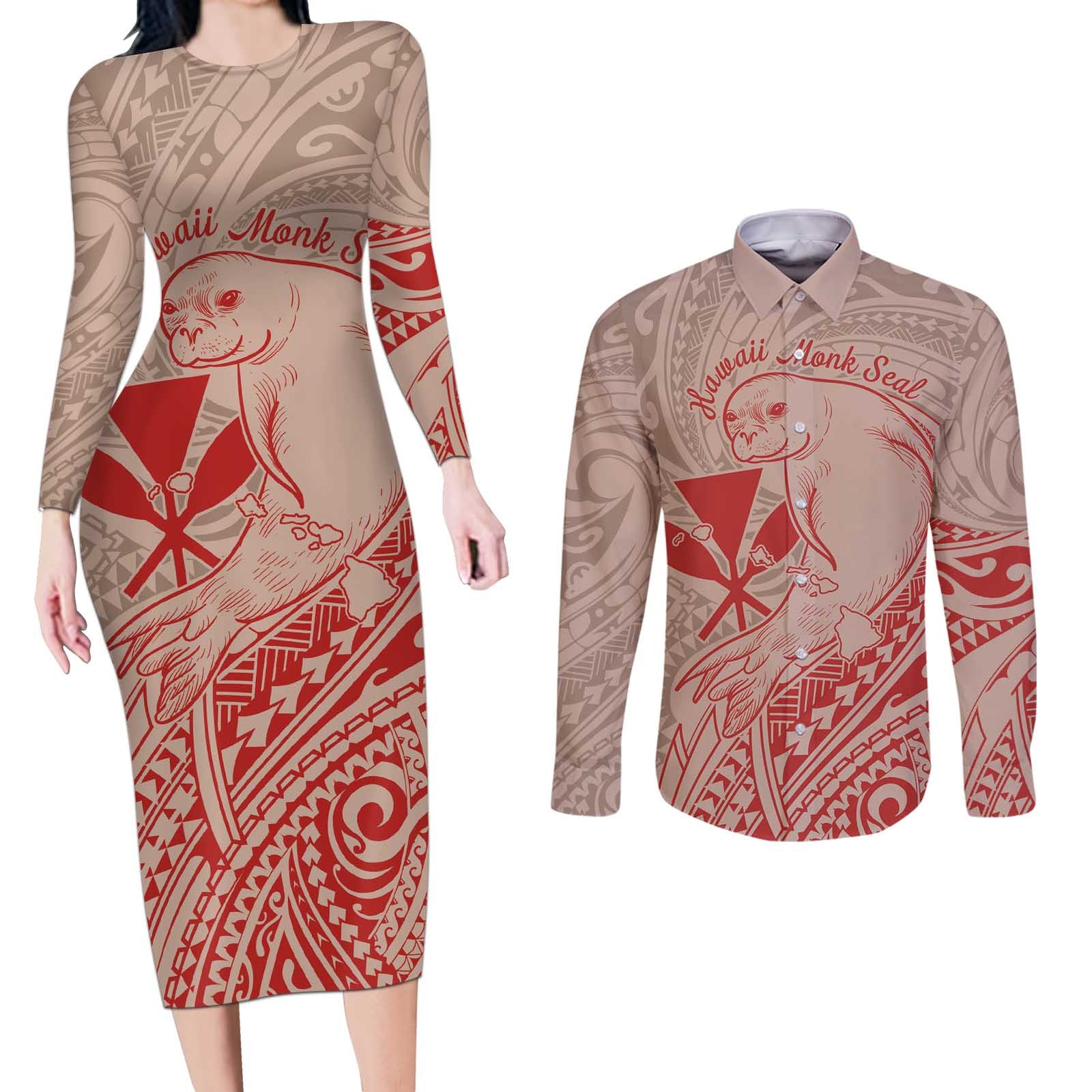 Hawaii Monk Seal and Map Couples Matching Long Sleeve Bodycon Dress and Long Sleeve Button Shirt Polynesian Kanaka Maoli Red Vibe