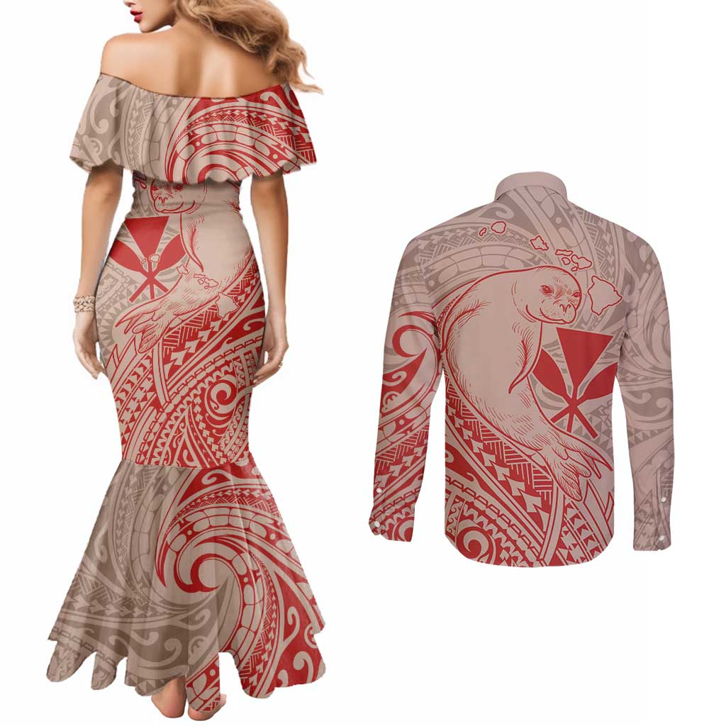 Hawaii Monk Seal and Map Couples Matching Mermaid Dress and Long Sleeve Button Shirt Polynesian Kanaka Maoli Red Vibe