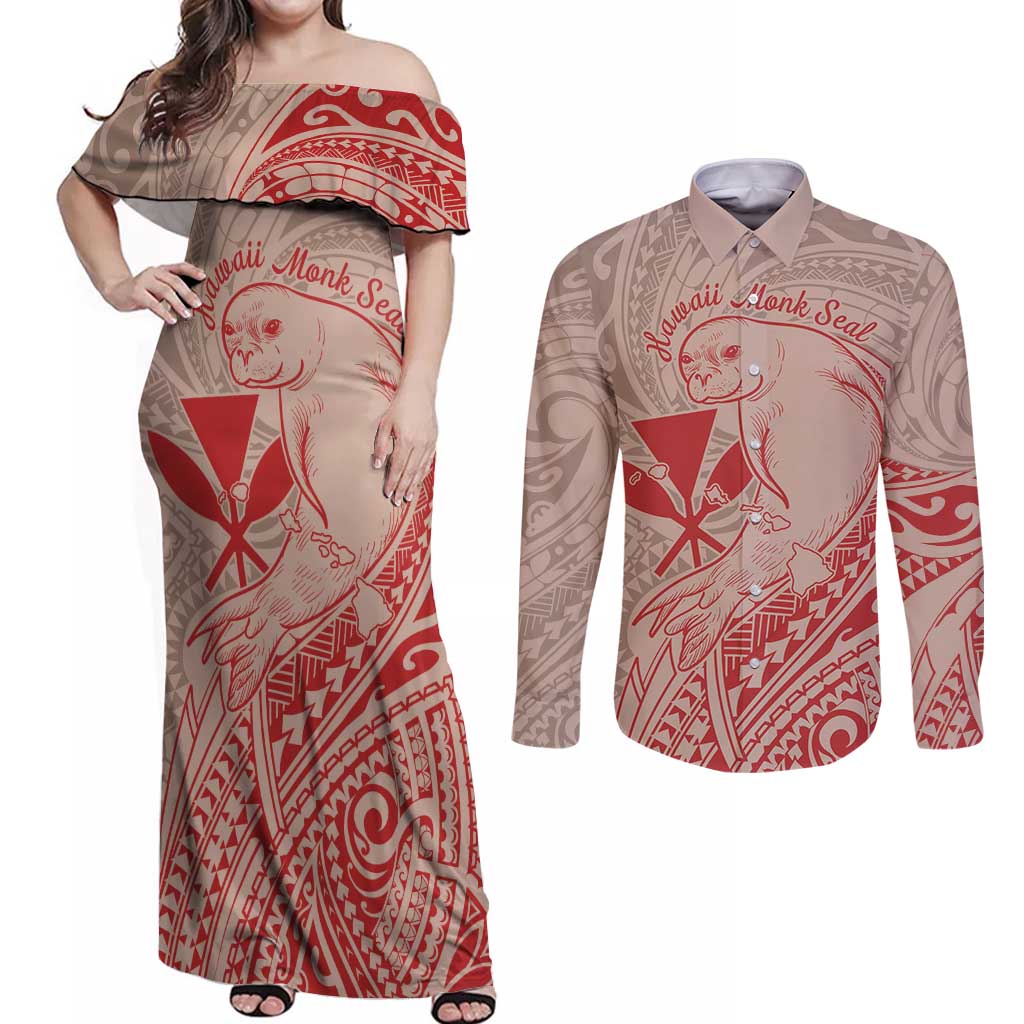 Hawaii Monk Seal and Map Couples Matching Off Shoulder Maxi Dress and Long Sleeve Button Shirt Polynesian Kanaka Maoli Red Vibe