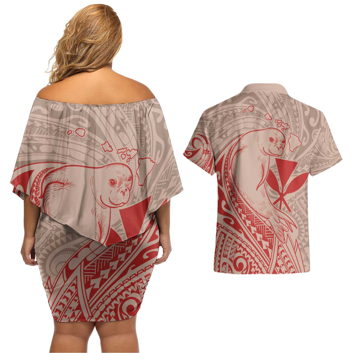 Hawaii Monk Seal and Map Couples Matching Off Shoulder Short Dress and Hawaiian Shirt Polynesian Kanaka Maoli Red Vibe