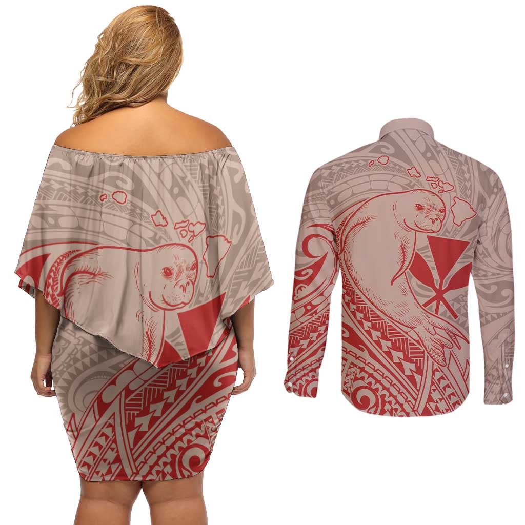 Hawaii Monk Seal and Map Couples Matching Off Shoulder Short Dress and Long Sleeve Button Shirt Polynesian Kanaka Maoli Red Vibe