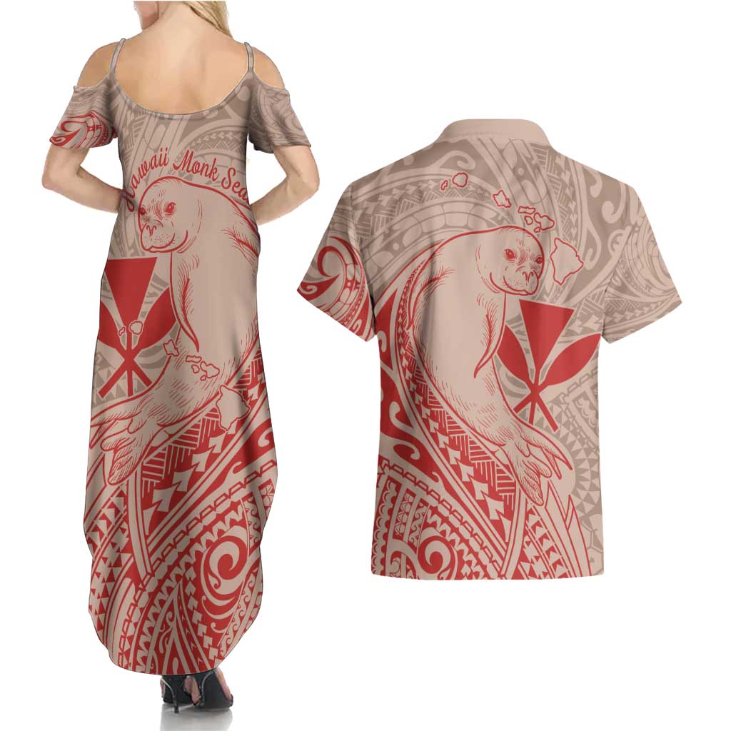 Hawaii Monk Seal and Map Couples Matching Summer Maxi Dress and Hawaiian Shirt Polynesian Kanaka Maoli Red Vibe
