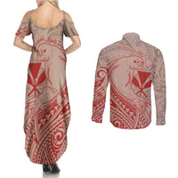 Hawaii Monk Seal and Map Couples Matching Summer Maxi Dress and Long Sleeve Button Shirt Polynesian Kanaka Maoli Red Vibe