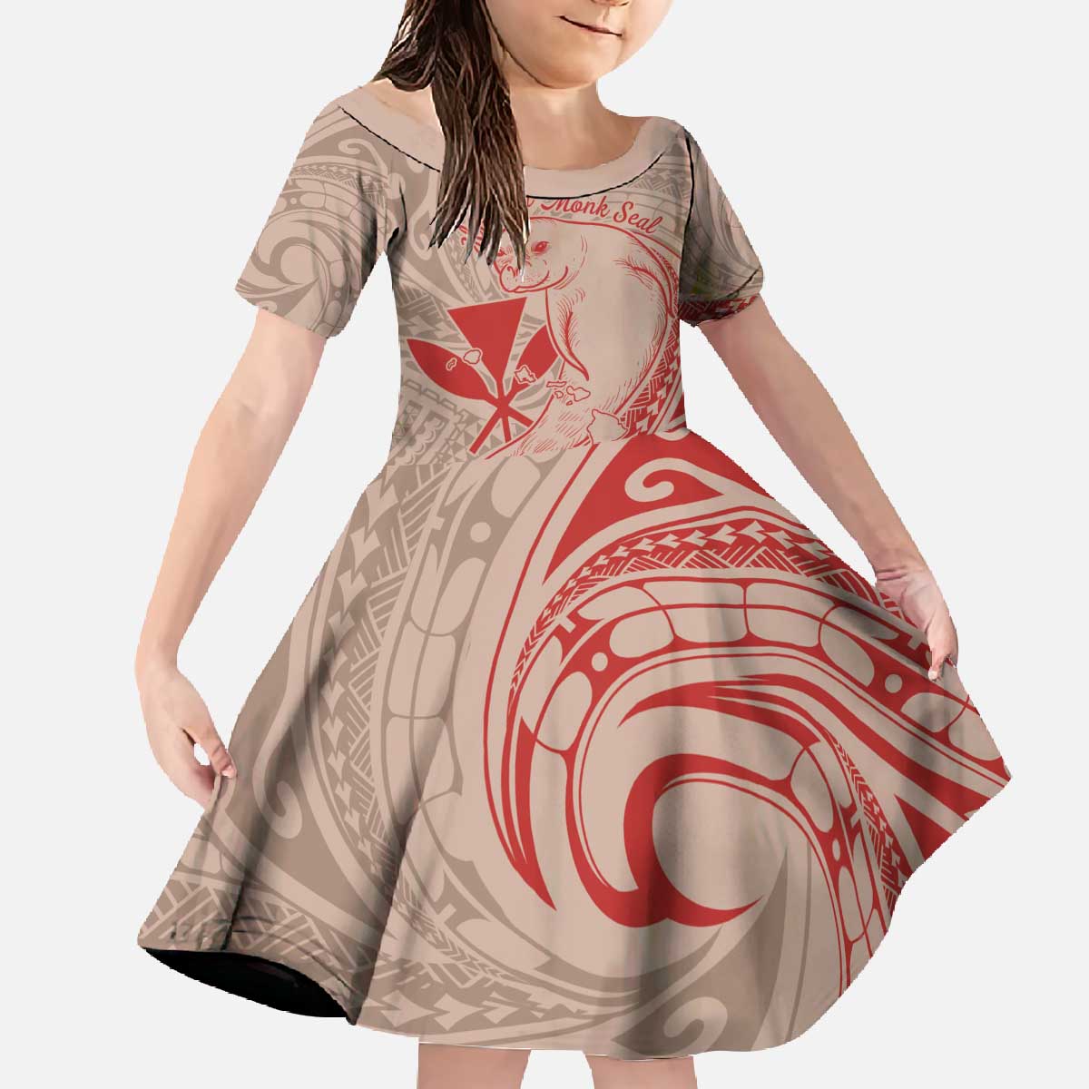 Hawaii Monk Seal and Map Family Matching Off The Shoulder Long Sleeve Dress and Hawaiian Shirt Polynesian Kanaka Maoli Red Vibe