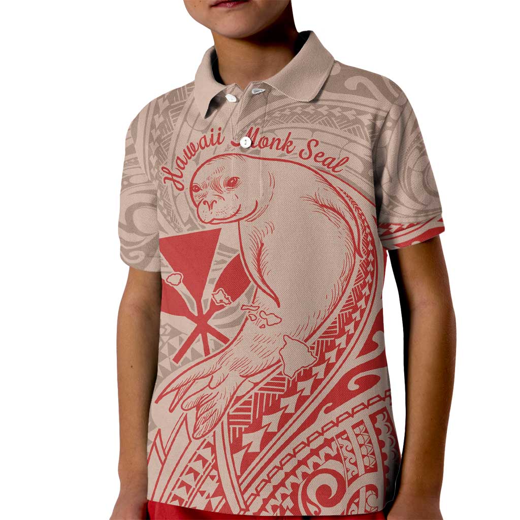 Hawaii Monk Seal and Map Kid Polo Shirt Polynesian Kanaka Maoli Red Vibe