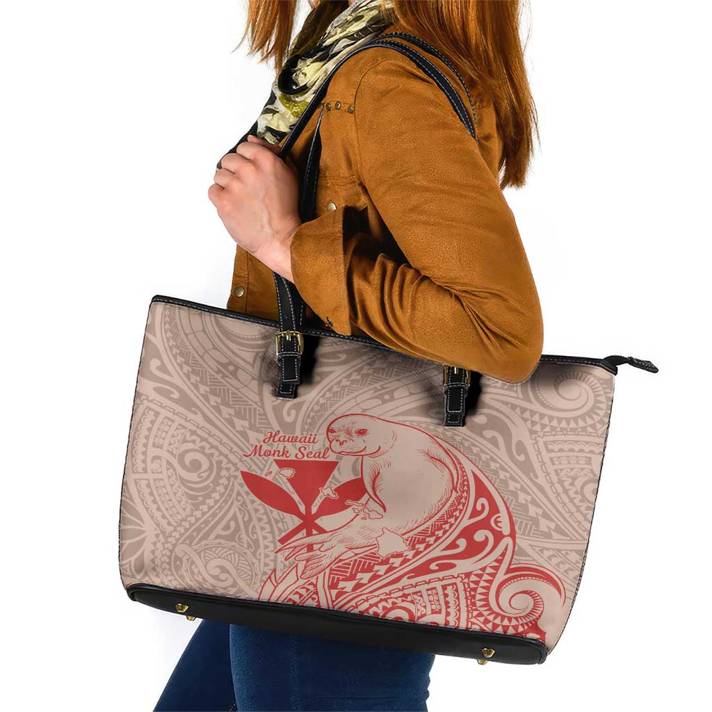 Hawaii Monk Seal and Map Leather Tote Bag Polynesian Kanaka Maoli Red Vibe