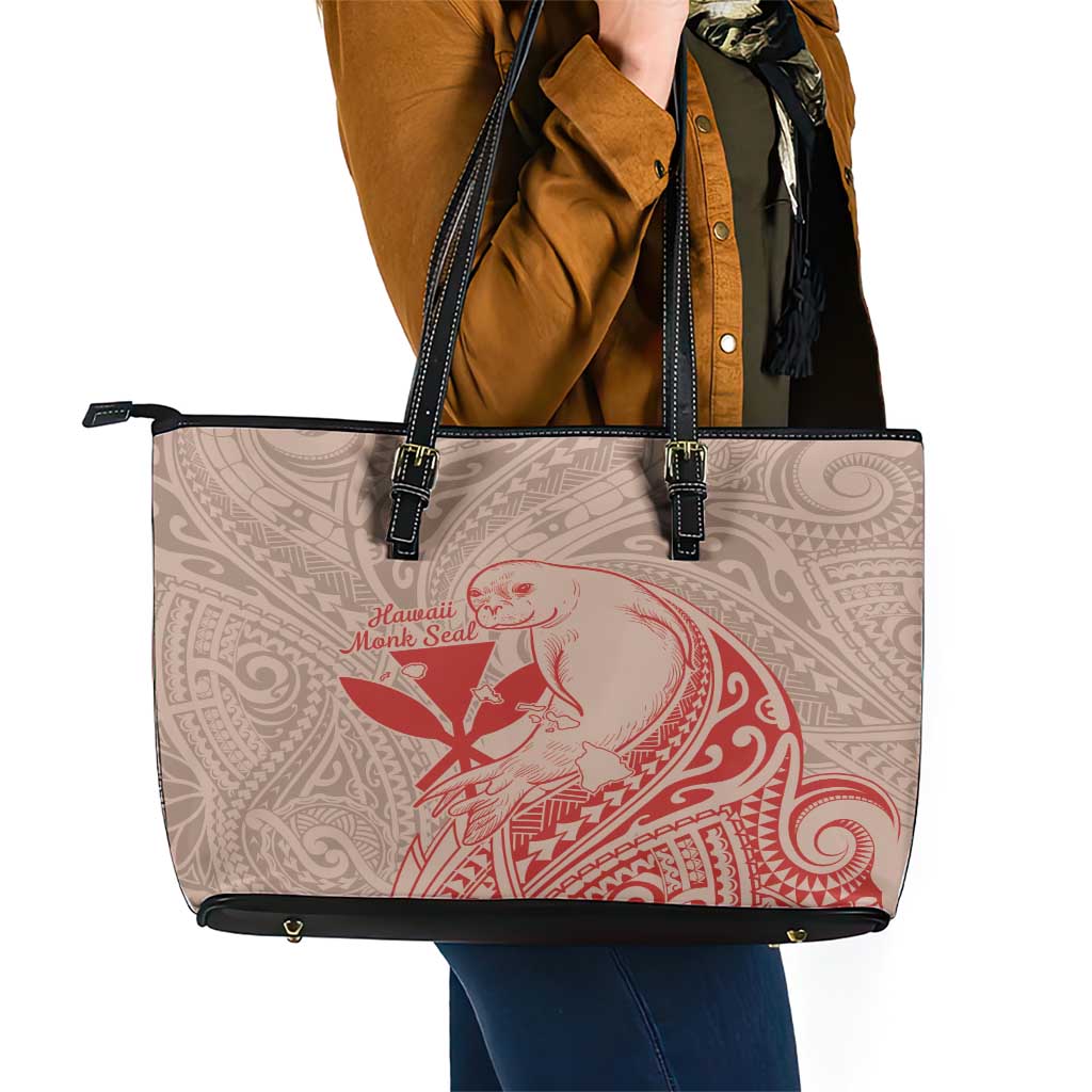 Hawaii Monk Seal and Map Leather Tote Bag Polynesian Kanaka Maoli Red Vibe