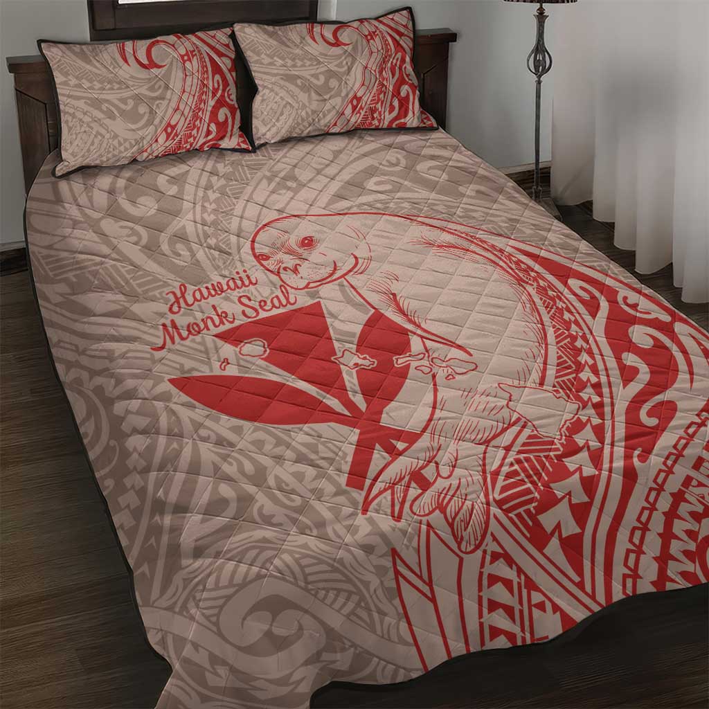 Hawaii Monk Seal and Map Quilt Bed Set Polynesian Kanaka Maoli Red Vibe