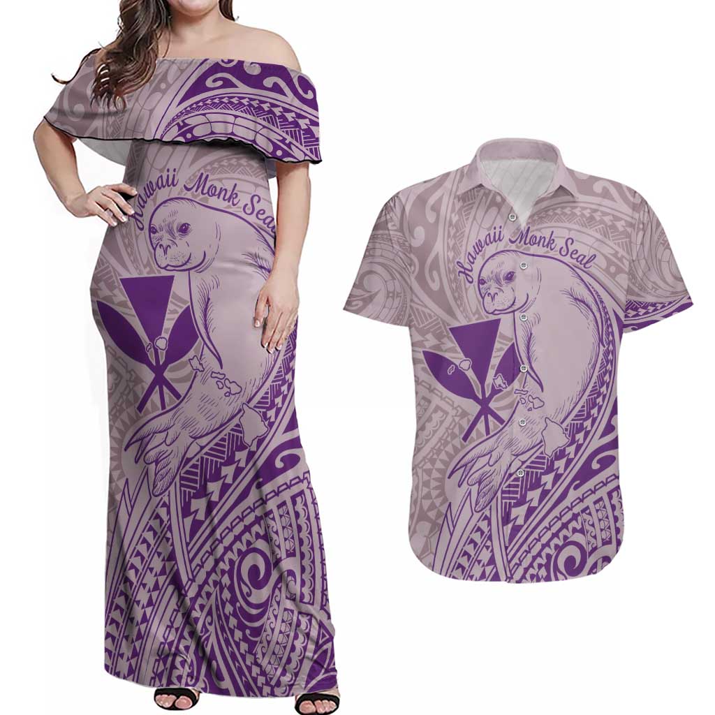 Hawaii Monk Seal and Map Couples Matching Off Shoulder Maxi Dress and Hawaiian Shirt Polynesian Kanaka Maoli Violet Vibe