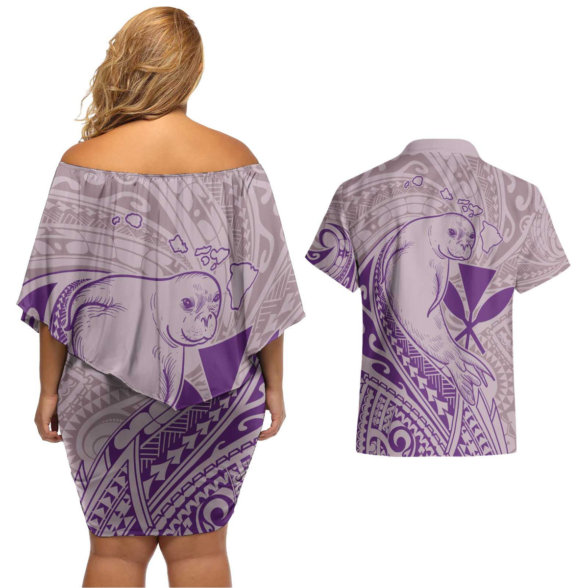 Hawaii Monk Seal and Map Couples Matching Off Shoulder Short Dress and Hawaiian Shirt Polynesian Kanaka Maoli Violet Vibe