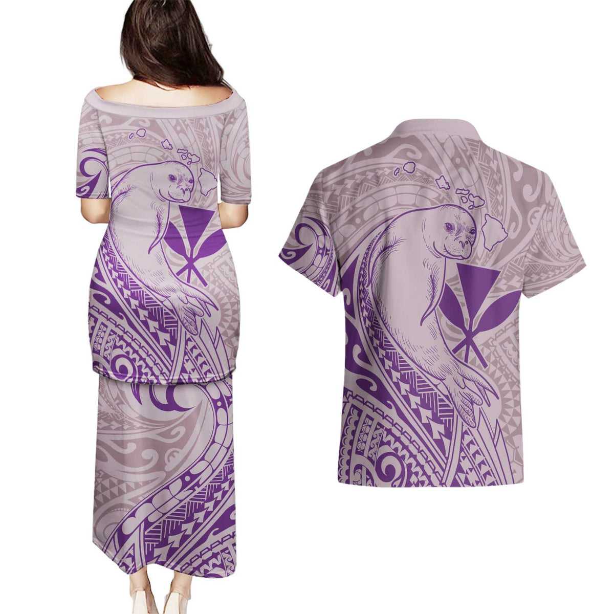 Hawaii Monk Seal and Map Couples Matching Puletasi and Hawaiian Shirt Polynesian Kanaka Maoli Violet Vibe LT9 - Polynesian Pride