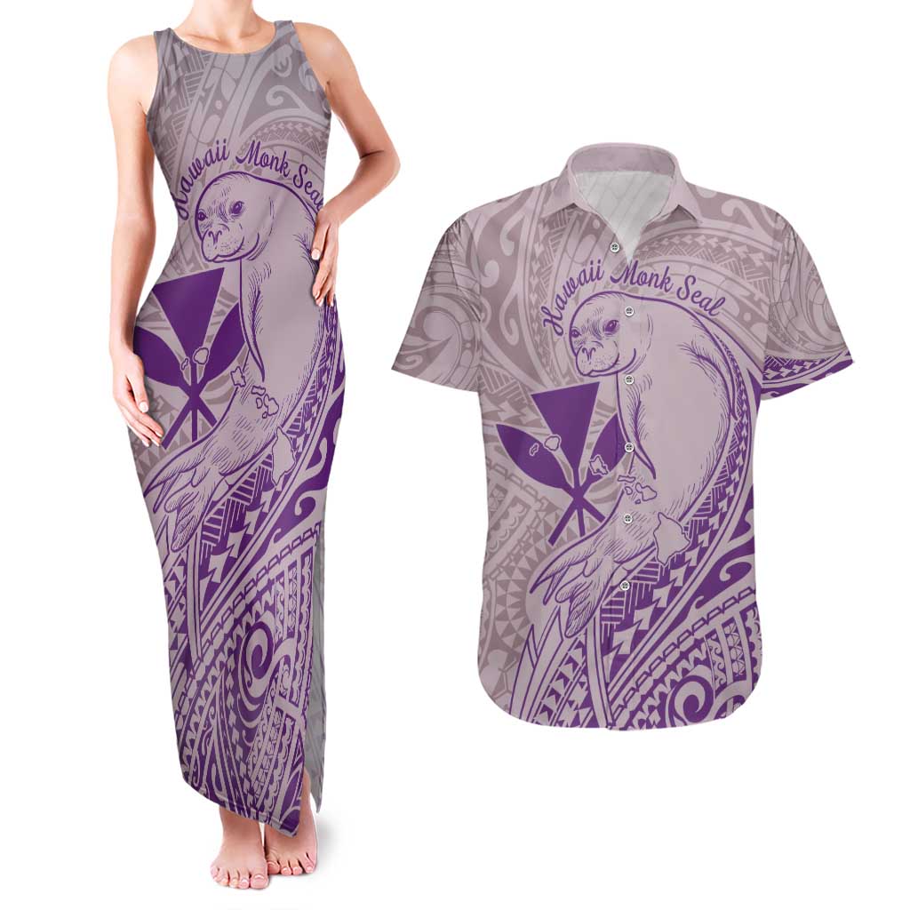 Hawaii Monk Seal and Map Couples Matching Tank Maxi Dress and Hawaiian Shirt Polynesian Kanaka Maoli Violet Vibe