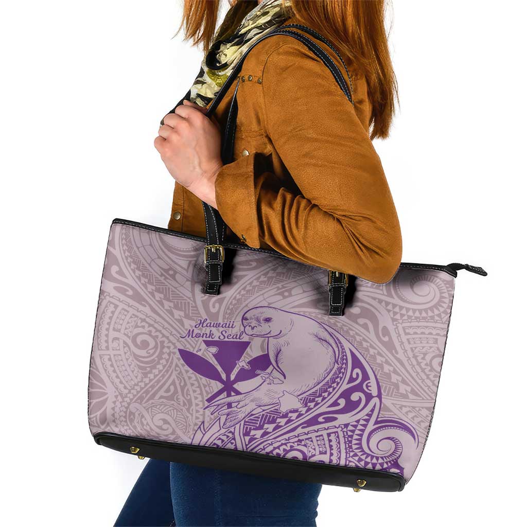 Hawaii Monk Seal and Map Leather Tote Bag Polynesian Kanaka Maoli Violet Vibe