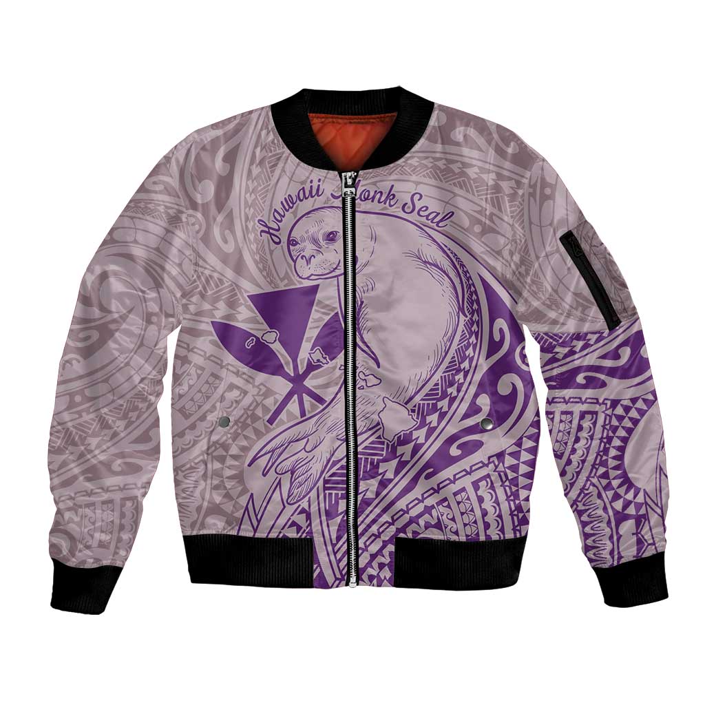 Hawaii Monk Seal and Map Sleeve Zip Bomber Jacket Polynesian Kanaka Maoli Violet Vibe
