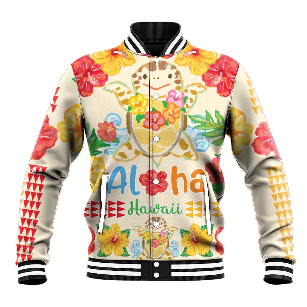 Kawaii Turtle Baseball Jacket Aloha Hibiscus Flowers
