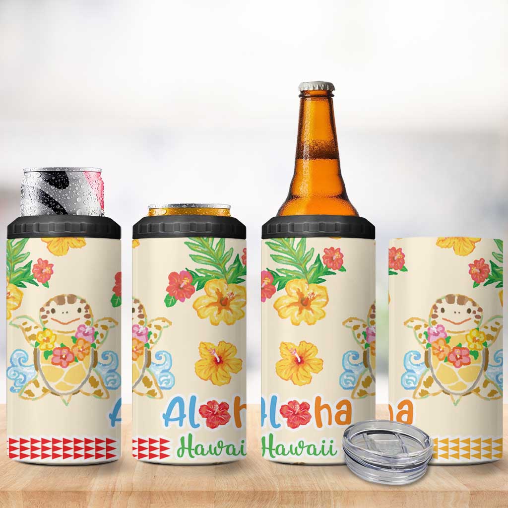 Kawaii Turtle 4 in 1 Can Cooler Tumbler Aloha Hibiscus Flowers
