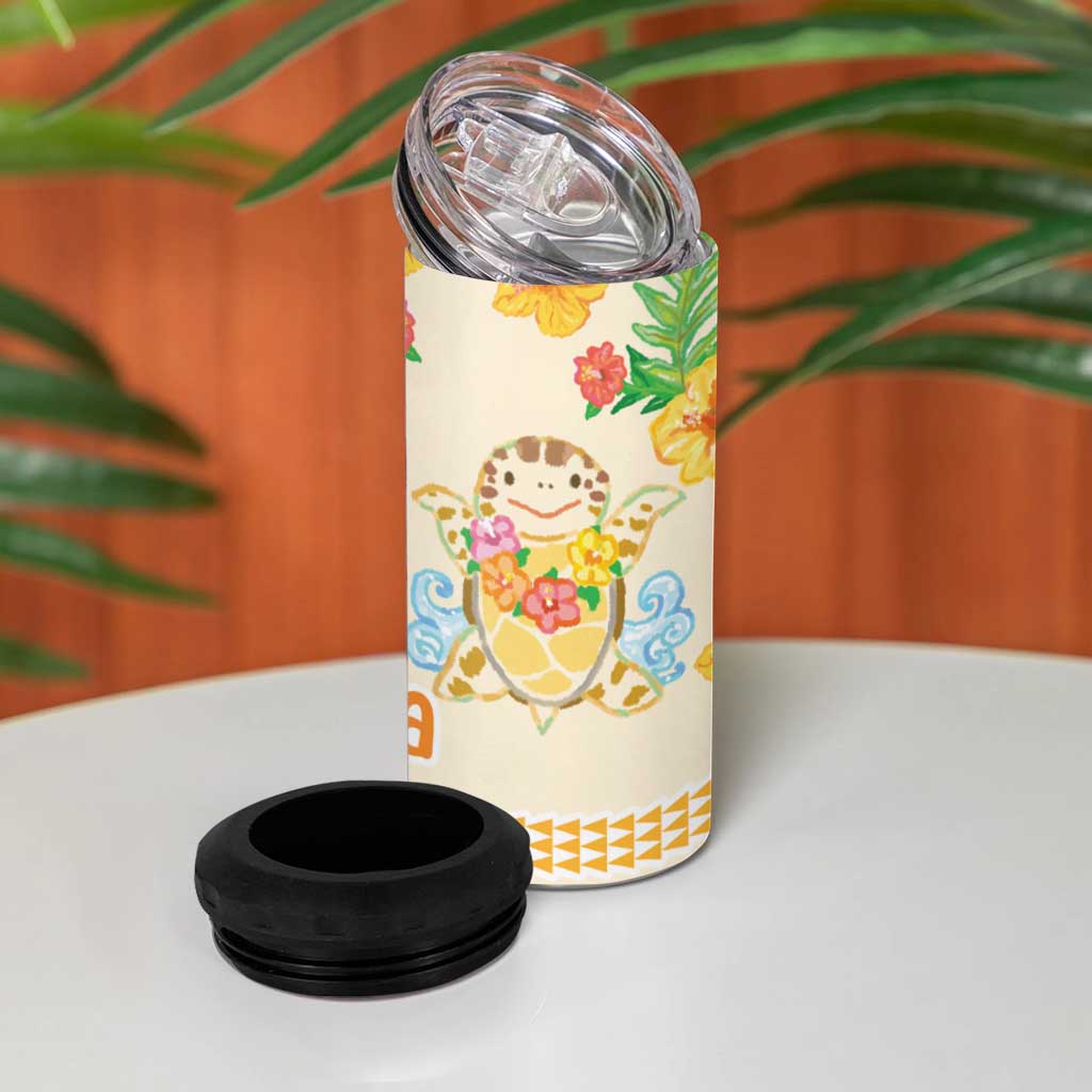 Kawaii Turtle 4 in 1 Can Cooler Tumbler Aloha Hibiscus Flowers